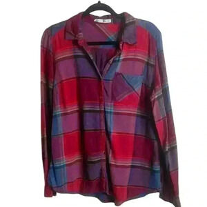 Maurice’s Size Large Flannel Button Down Shirt Plaid Purple Boho Western Fall